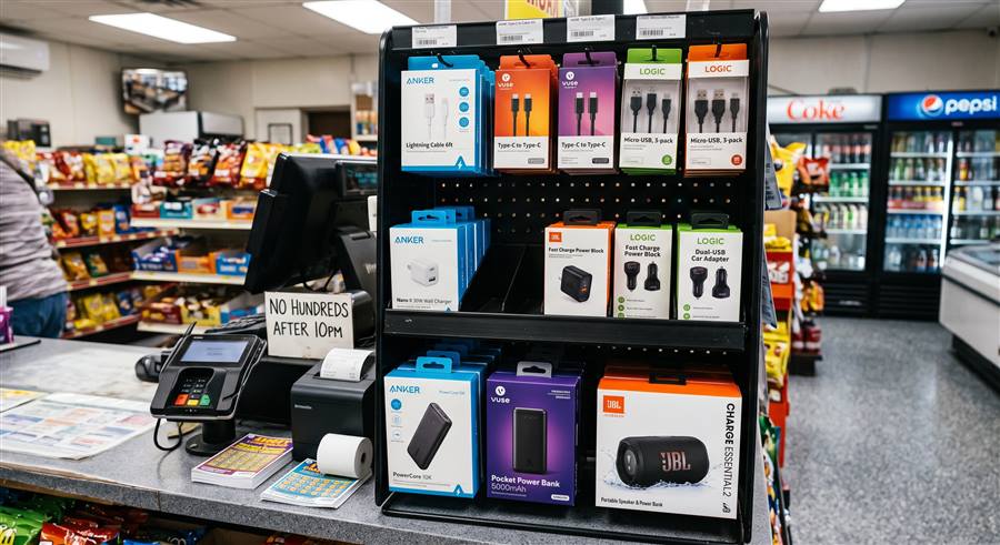 Checkout pegboard of chargers, cables, and power banks