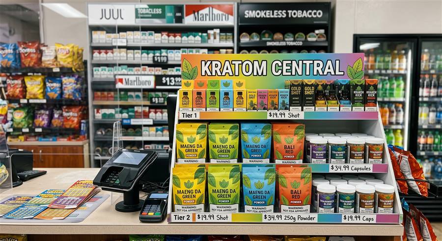 Kratom Central counter display in a convenience store